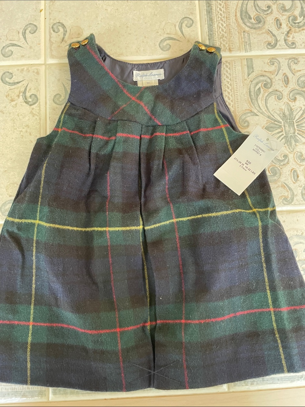 New with Tags Baby Ralph Lauren Girls' Tartan Wool Dress - Navy, Green & Red 9mo
